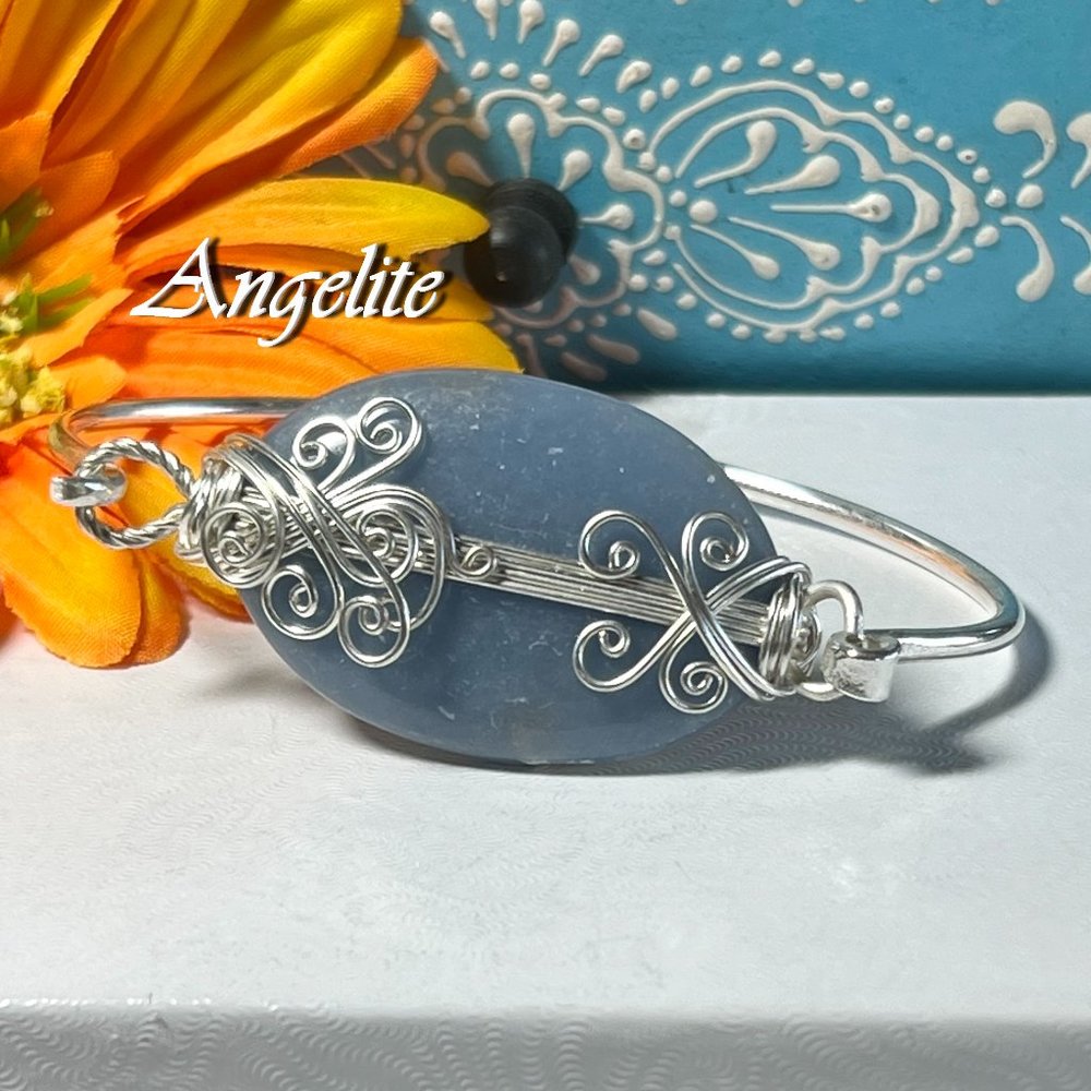 Angelite Bangle Bracelet Cuff Silver Plated Wire Wrap Gemstone Crystal Bohemian